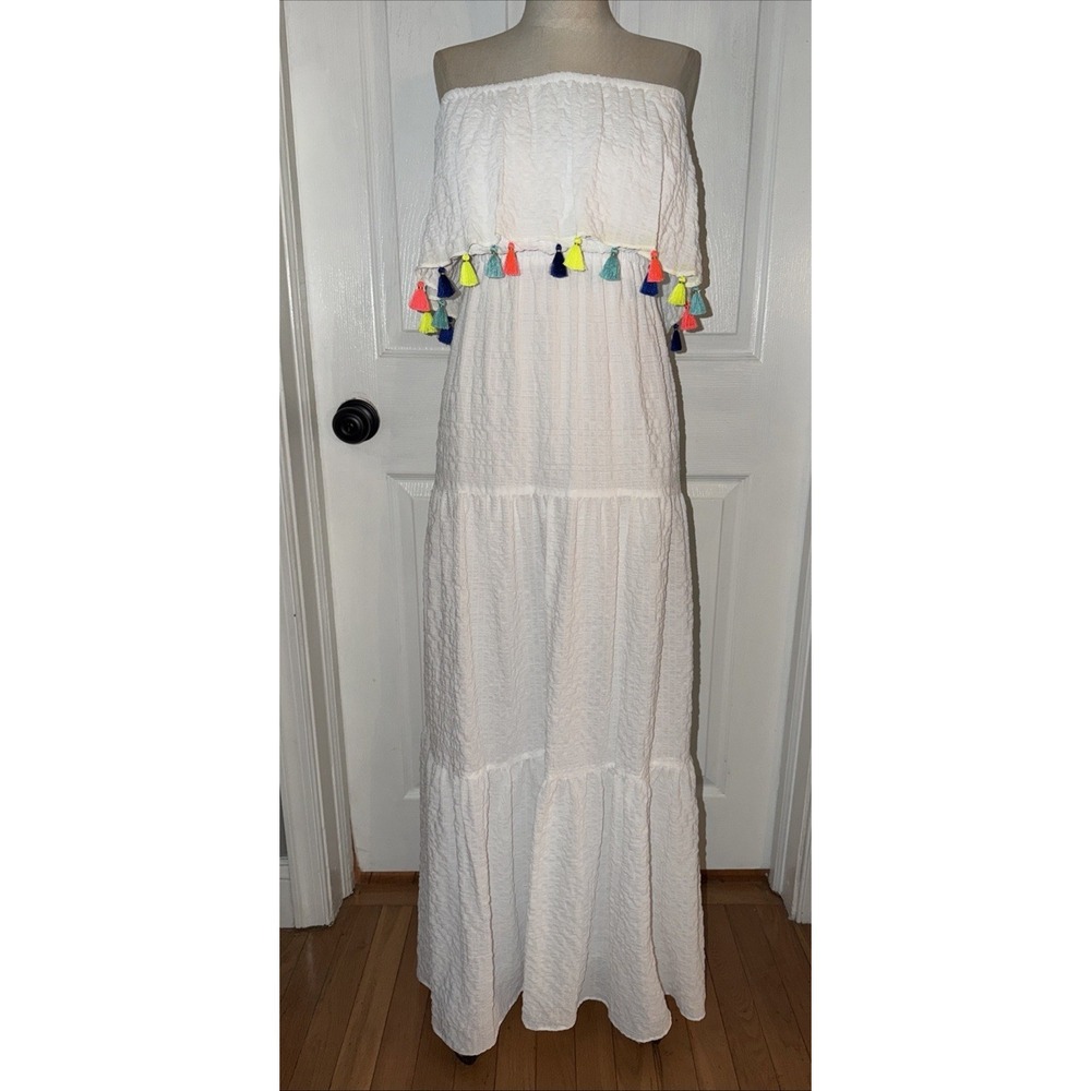 LILLY PULITZER $228 Caridee Maxi Dress S Resort White Colorful Tassel Strapless